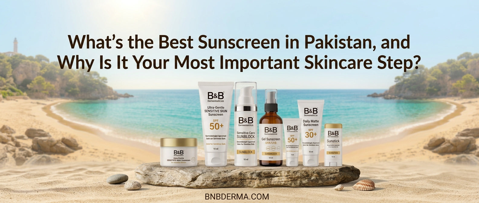 Best sunscreen in Pakistan by B&B Derma, dermatologist approved gel, mineral and milky SPF sunblock bottles for oily, dry and sensitive skin by B&B Derma