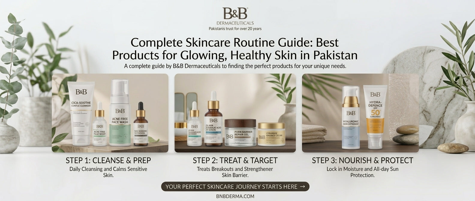 Build the perfect skincare routine for glowing skin. Shop cleansers, serums & sunscreen from Pakistan's best dermatologist-approved skin care brand By B&B derma