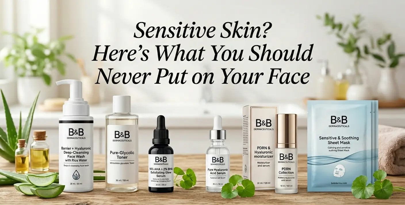 Women with sensitive skin checking skincare ingredients to avoid irritation, redness, and allergic reactions on the face.
