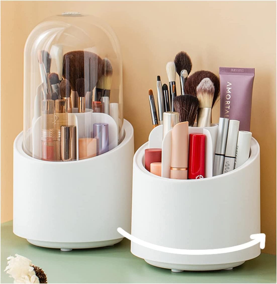 Makeup Brushes & Cosmetic Organizer with Lid Rotating Storage Box