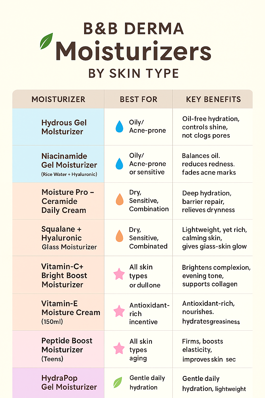 B&B DERMA Moistuzers (Guide) By Skin Type