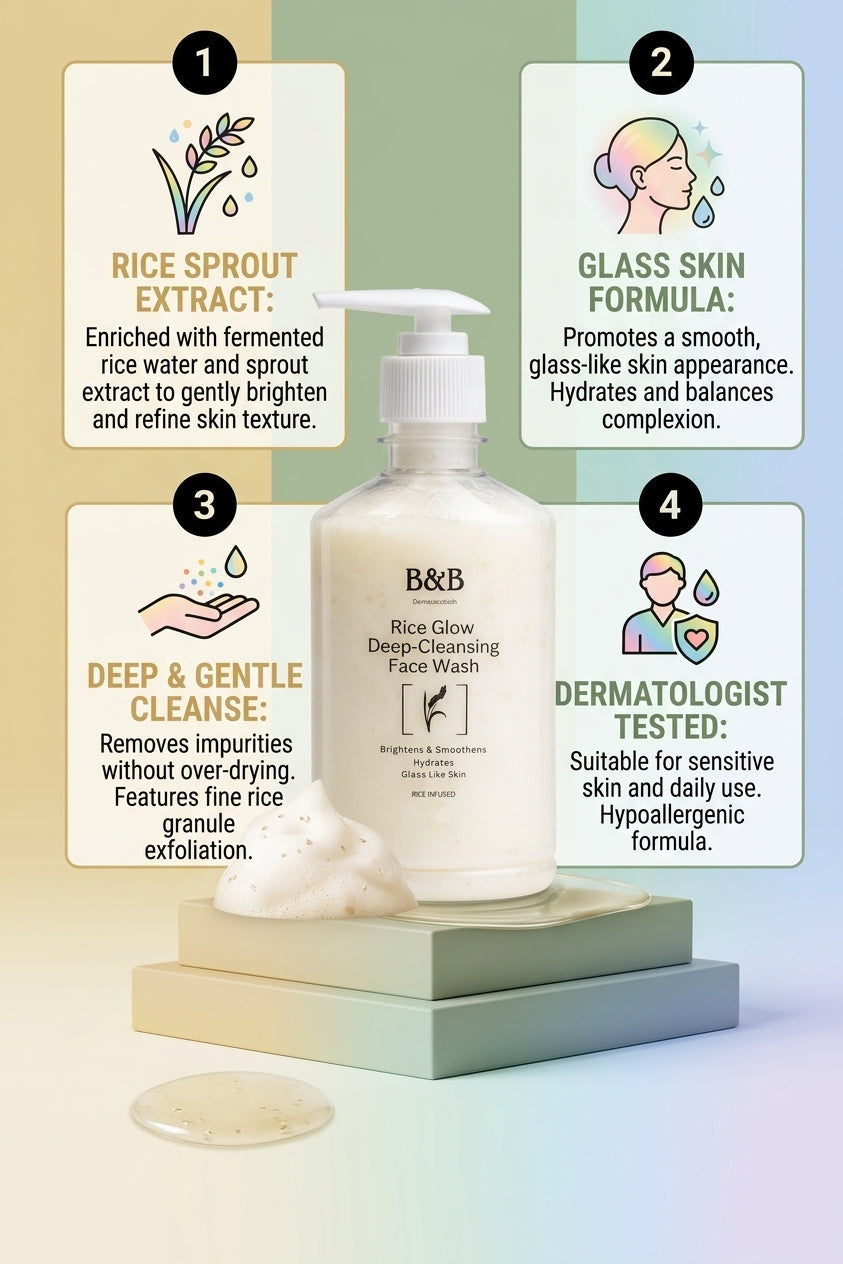 B&B Derma Rice Glow Face Wash for glowing skin in Pakistan – 250ml deep-cleansing face wash with Rice Bran Water, Niacinamide & Hyaluronic Acid for brightening, pore refining & glass-skin finish 2