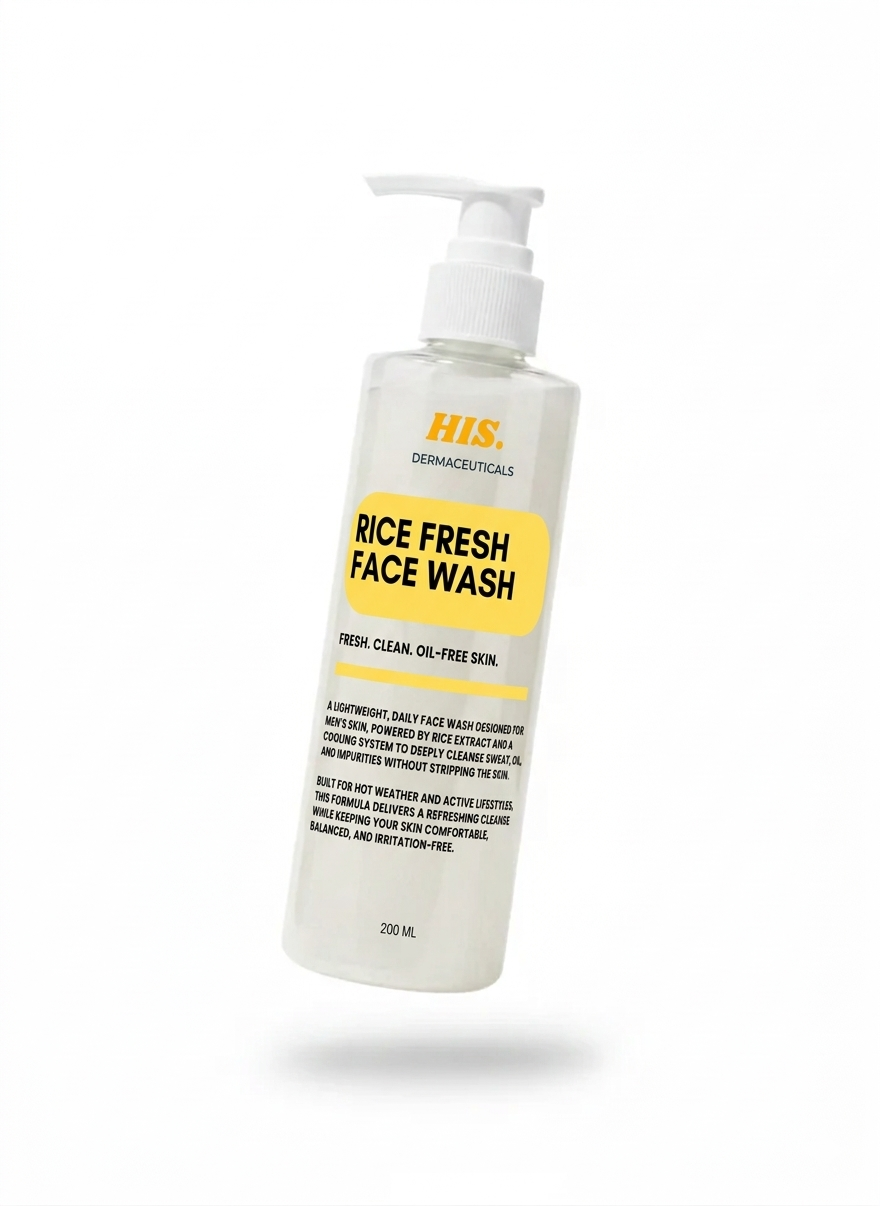 HIS Derma Rice Fresh Face Wash for Men 200ml – lightweight daily cleanser with Rice Extract & Witch Hazel for oil-free, bright skin in Pakistan by B&B Derma