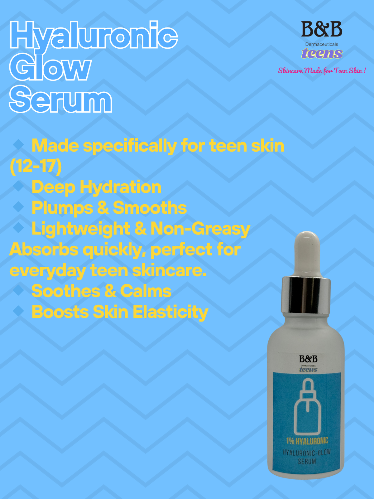 Shop 1% Hyaluronic Acid Teen Serum in Pakistan by B&B Derma for deep hydration, moisture retention, soft smooth skin, and a healthy radiant look