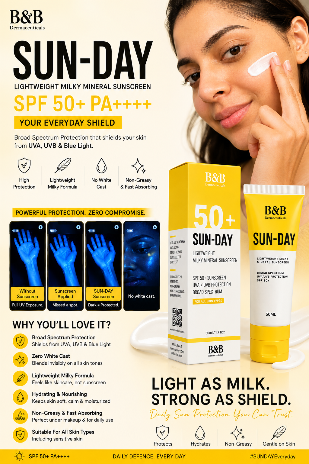 Sun-Day SPF 50+ Milky Sunscreen by B&B Derma, dermatologist-approved mineral sunscreen for daily use, makeup-friendly, lightweight formula for all skin types in Pakistan 3