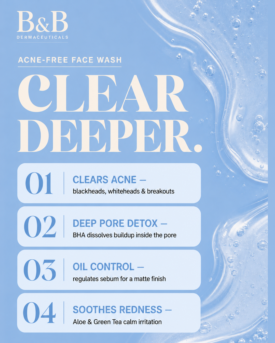 B&B Derma Acne Free Face Wash in Pakistan – 250ml salicylic acid face wash with 2% BHA, Aloe Vera & Green Tea for deep pore cleansing, oil control & acne prevention