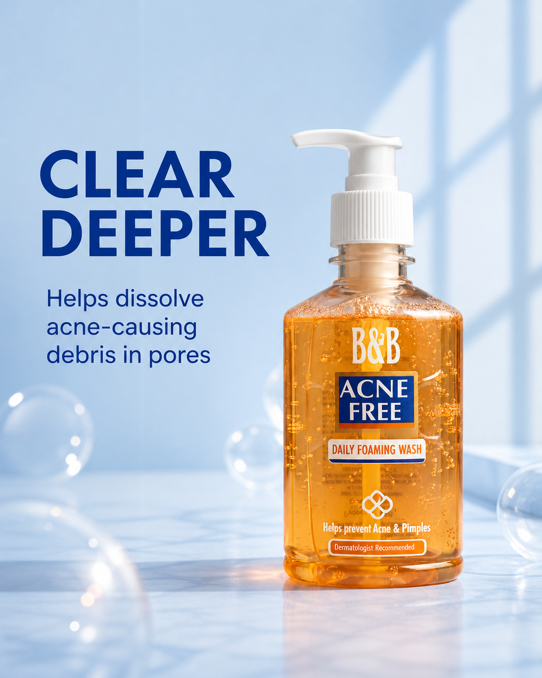 B&B Derma Acne Free Face Wash in Pakistan – 250ml salicylic acid face wash with 2% BHA, Aloe Vera & Green Tea for deep pore cleansing, oil control & acne prevention