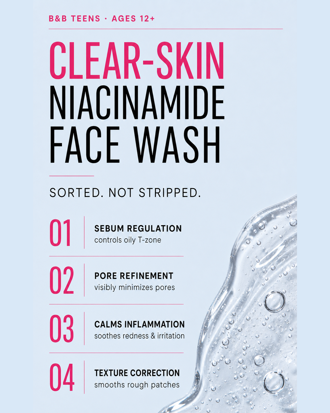 B&B Derma Niacinamide Face Wash for teens – front product view of 250ml Clear-Skin face wash for sebum regulation, pore refinement & breakout control in Pakistan 3